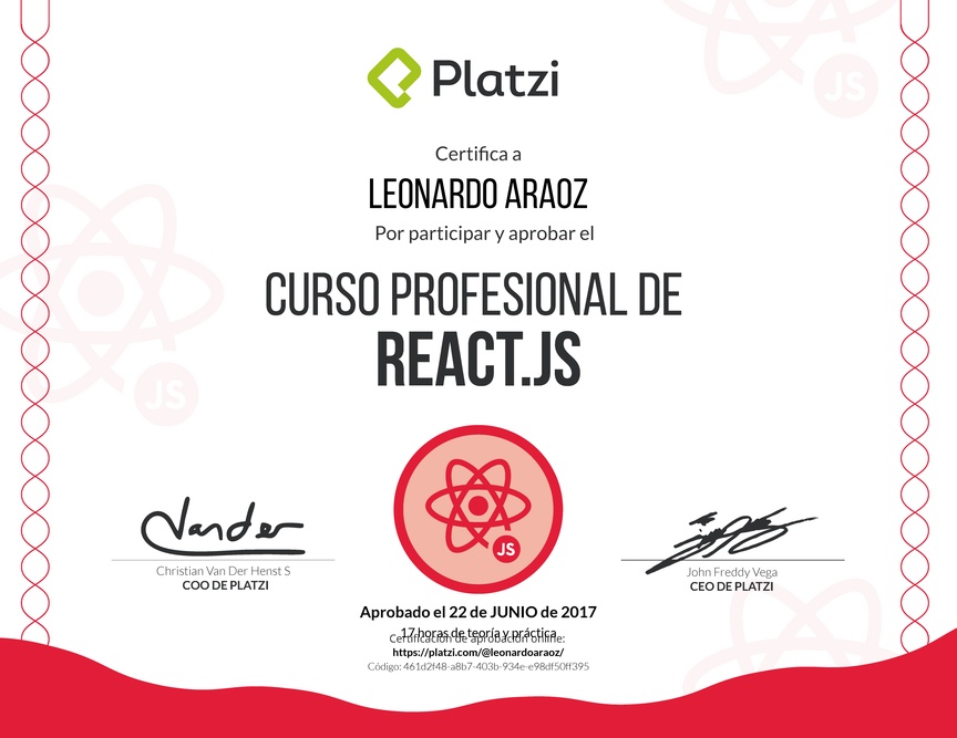 Diploma del Curso Profesional de React.js 2017