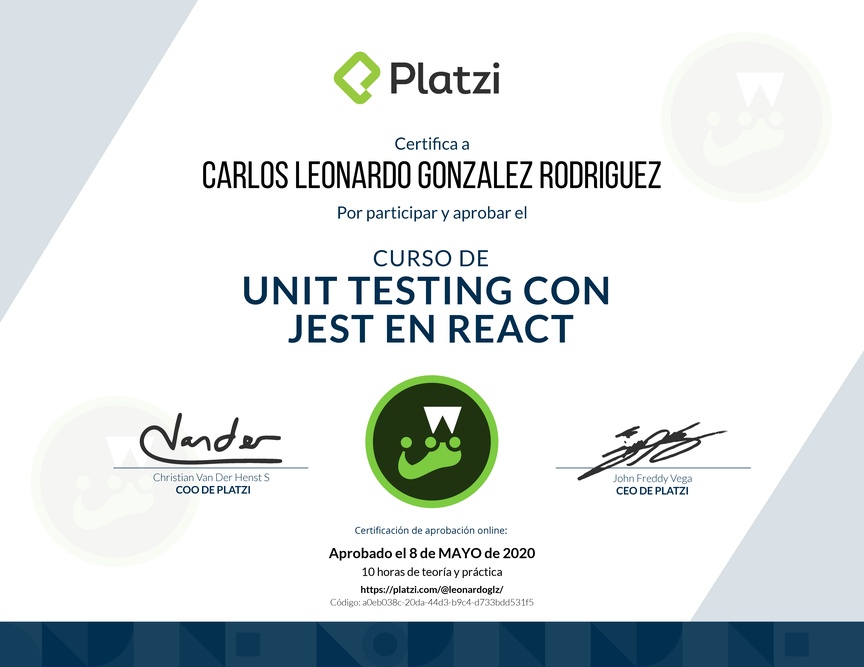 Diploma del Curso de Unit Testing con Jest en React