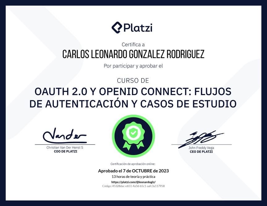 Diploma del Curso de OAuth 2.0 y OpenID Connect: Flujos de Autenticación y Casos de Estudio