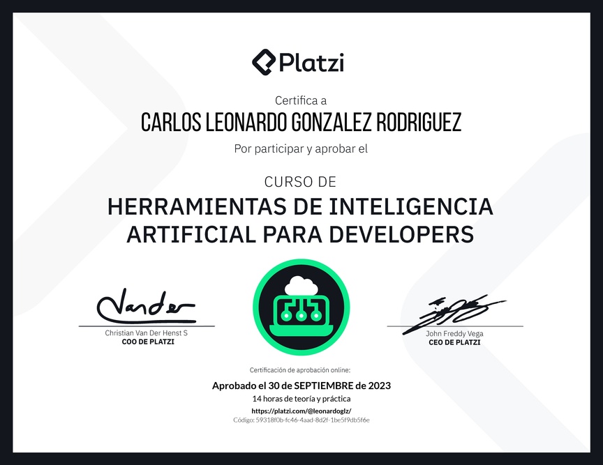 Diploma del Curso de Herramientas de Inteligencia Artificial para Developers (2023)