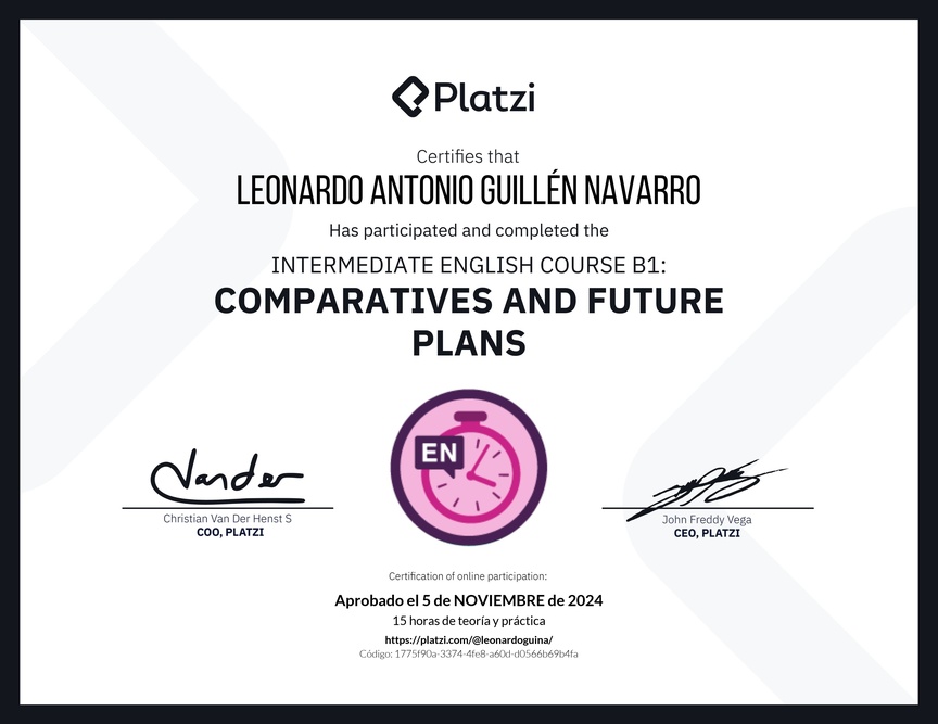 Diploma del Curso de Inglés Intermedio B1: Comparativos y Planes Futuros