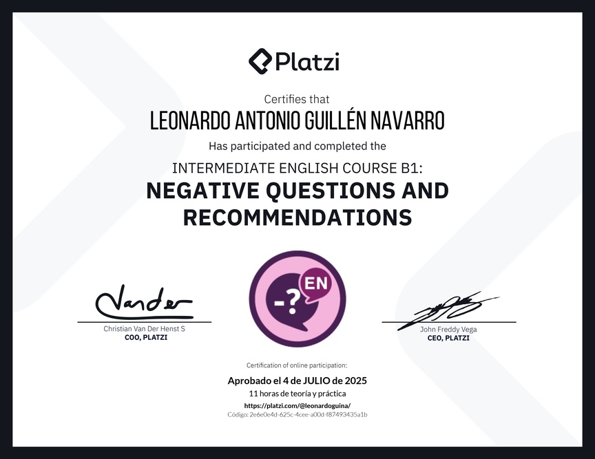 Diploma del Curso de Inglés Intermedio B1: Preguntas Negativas y Recomendaciones
