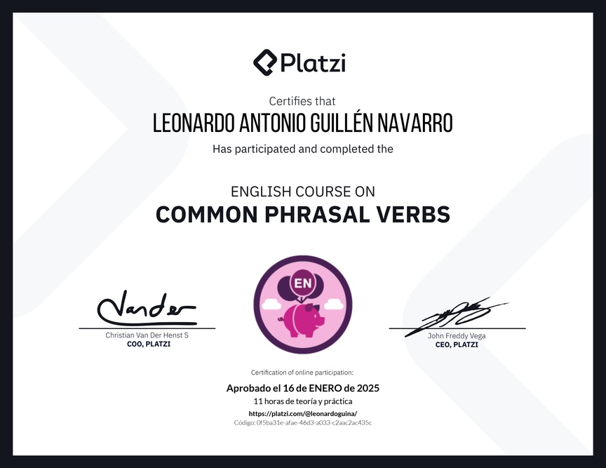 Diploma del Curso de Phrasal Verbs Comunes en Inglés
