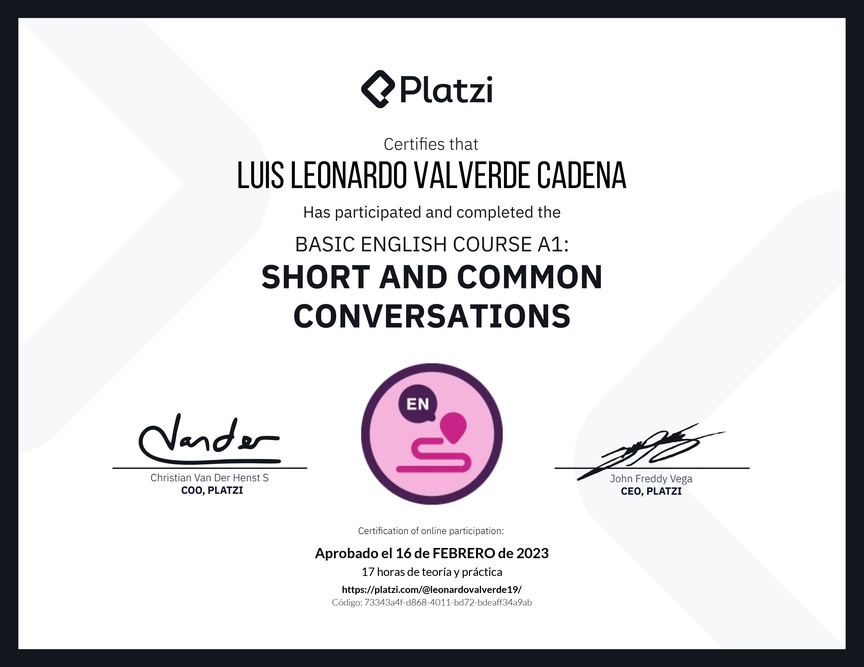 Diploma del Curso de Inglés Básico A1: Conversaciones Cortas y Habituales (2020)