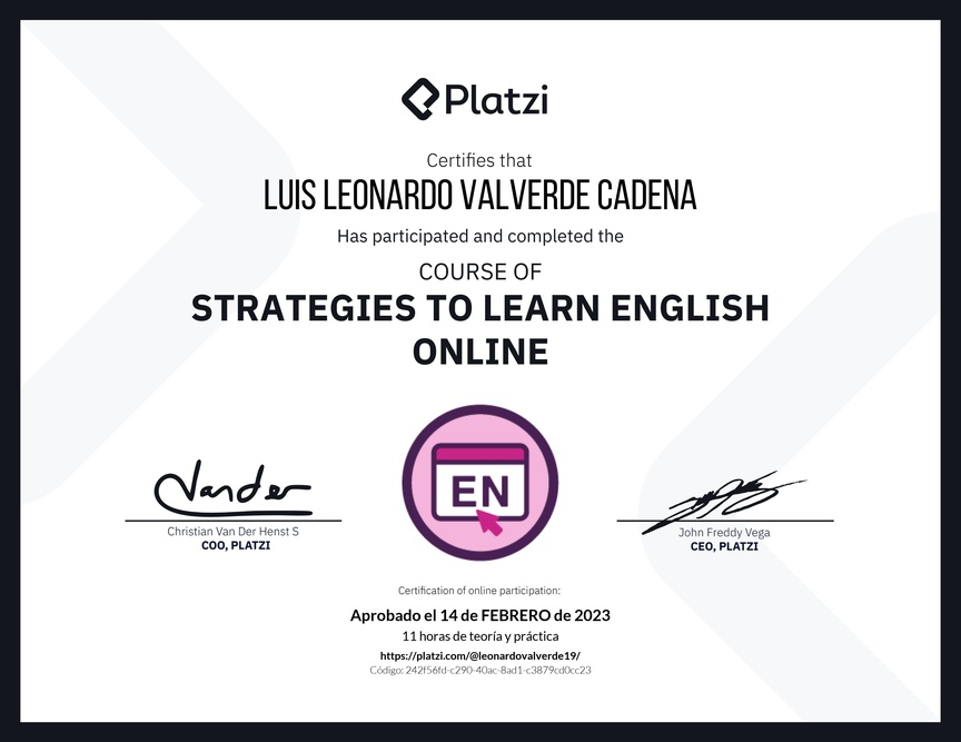 Diploma del Curso Gratis de Estrategias para Aprender Inglés en Línea