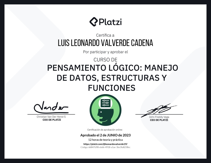 Diploma del Curso de Pensamiento Lógico: Manejo de Datos, Estructuras y Funciones