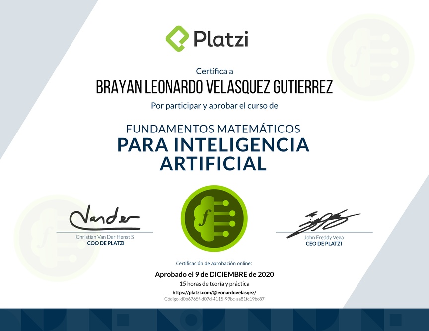 Diploma del Curso de Fundamentos Matemáticos para Inteligencia Artificial 2019