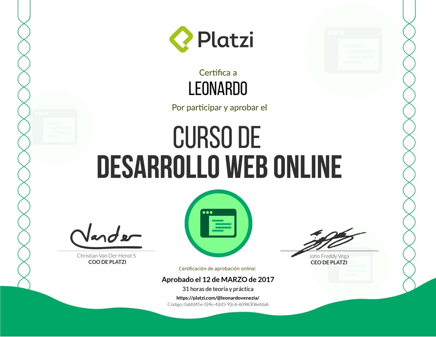 Diploma del Curso de Desarrollo Web Online 2016