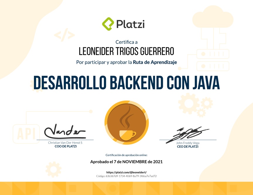 Diploma de la Ruta de Aprendizaje de Desarrollo Backend con Java