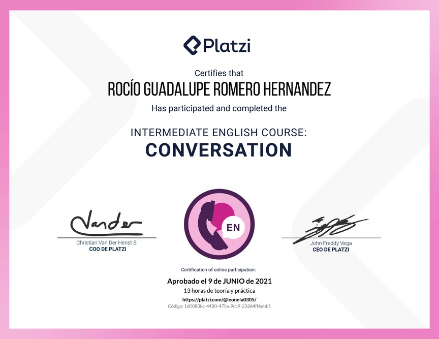 Diploma del Curso de Inglés Intermedio: Conversación 2020