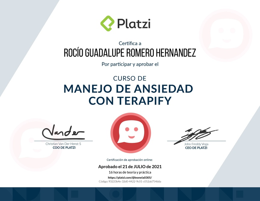 Diploma del Curso de Manejo de Ansiedad con Terapify