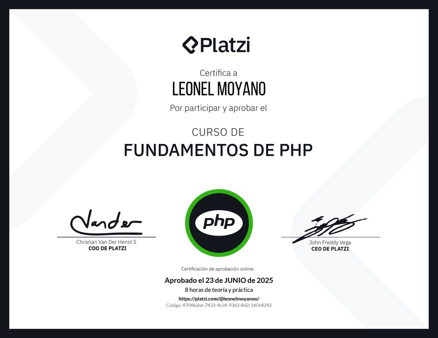 Diploma del Curso de Fundamentos de PHP