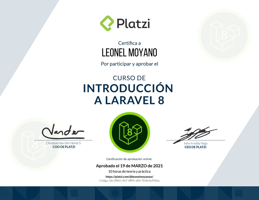 Diploma del Curso de Introducción a Laravel 8