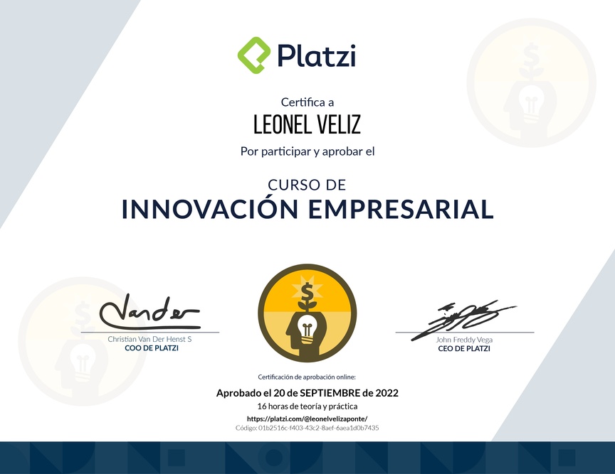 Diploma del Curso de Innovación Empresarial