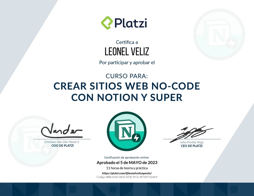 Diploma del Curso para Crear Sitios Web No-code con Notion y Super