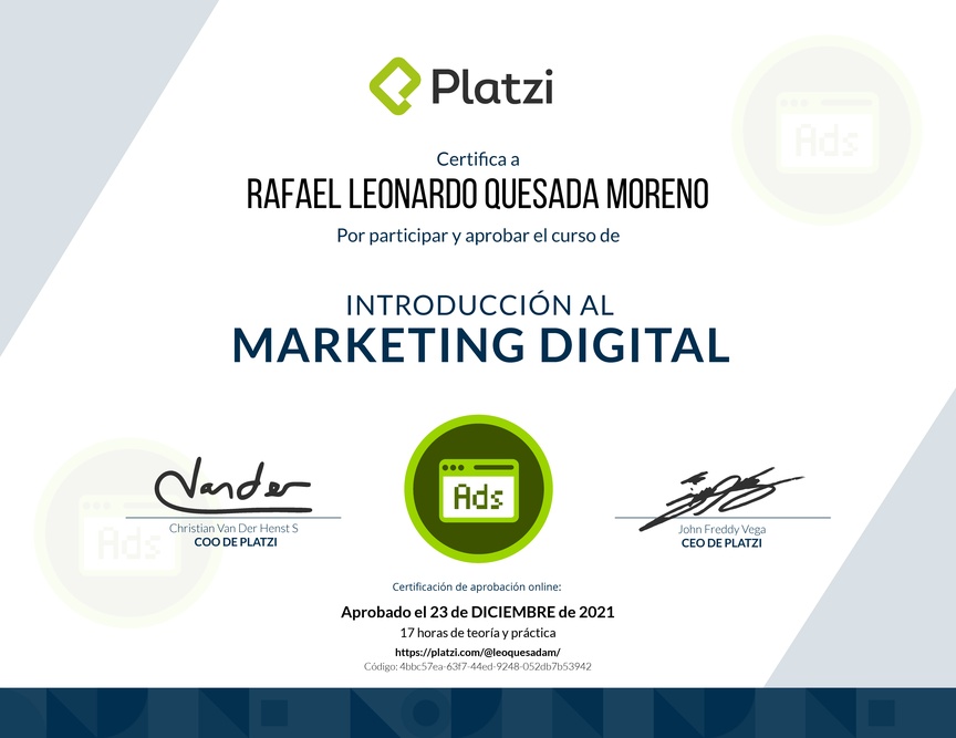 Diploma del Curso de Introducción al Marketing Digital (2018)