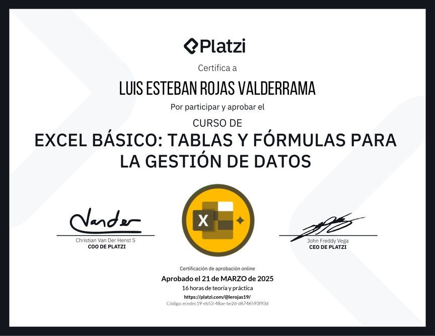 Diploma del Curso de Excel Básico: Tablas y Fórmulas para la Gestión de Datos