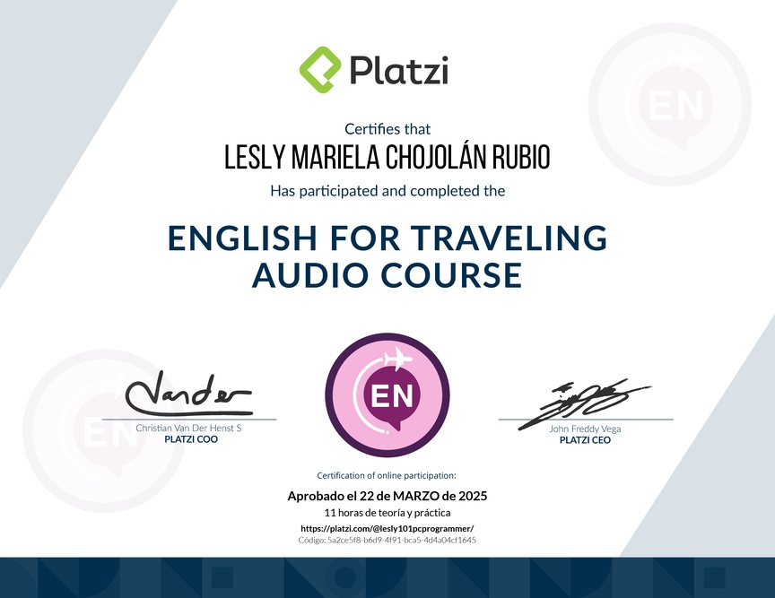 Diploma de Audio Curso de Inglés para Viajes