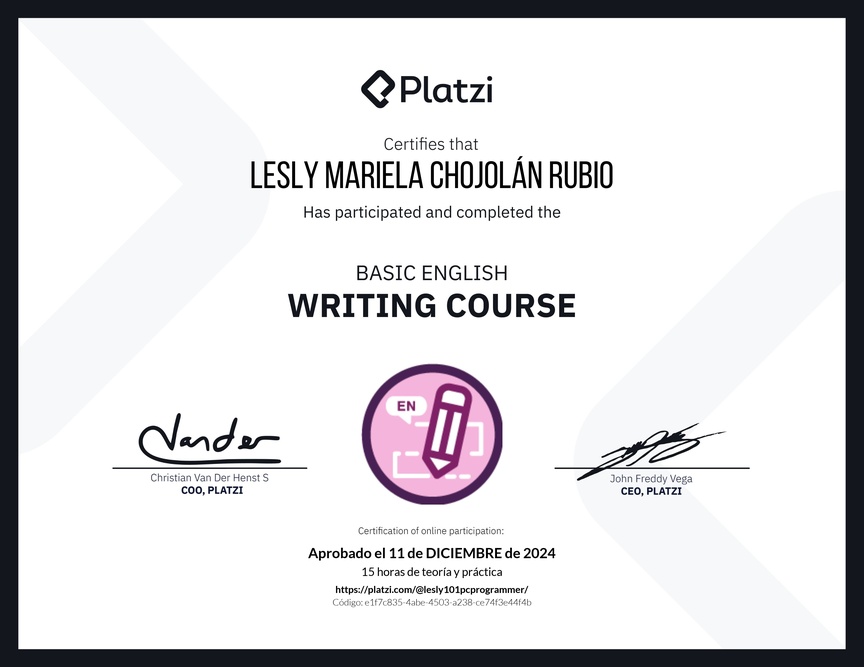 Diploma del Curso Básico de Escritura en Inglés