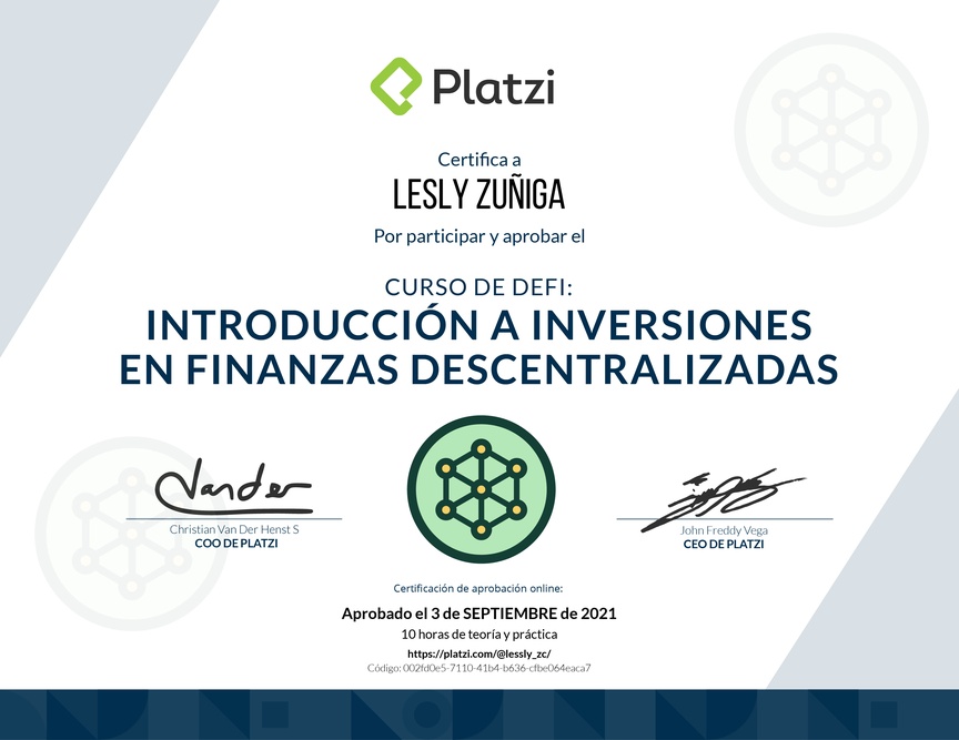 Diploma del Curso de DeFi: Introducción a Inversiones en Finanzas Descentralizadas