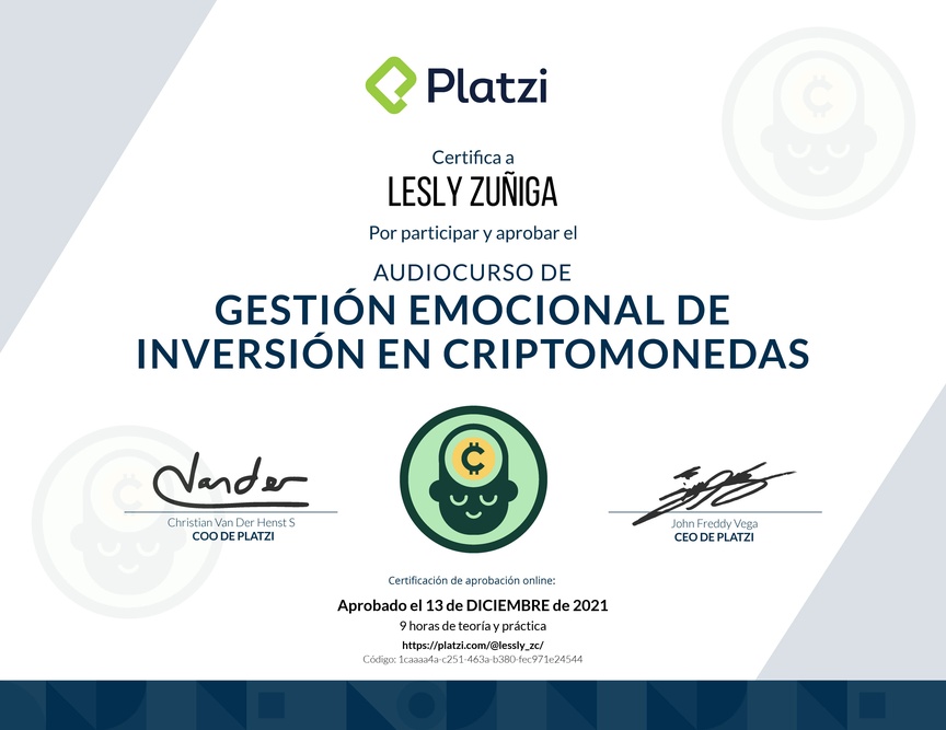 Diploma de Audiocurso de Gestión Emocional de Inversión en Criptomonedas