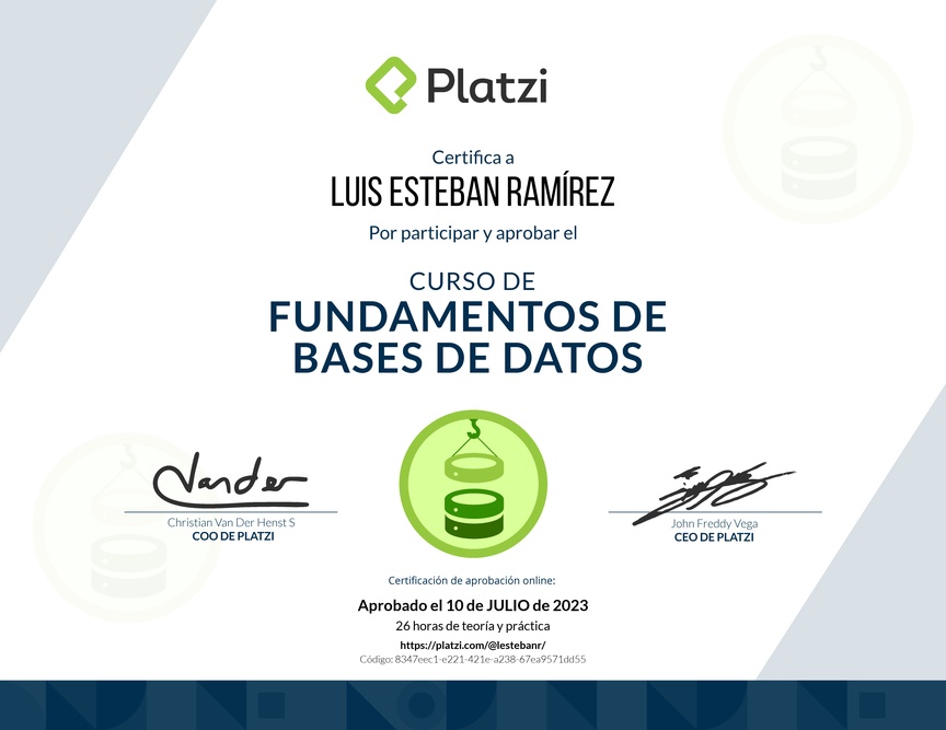 Diploma del Curso de Fundamentos de Bases de Datos 2019