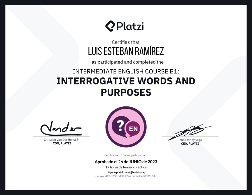 Diploma del Curso de Inglés Intermedio: Palabras Interrogativas y Propósitos (2021)