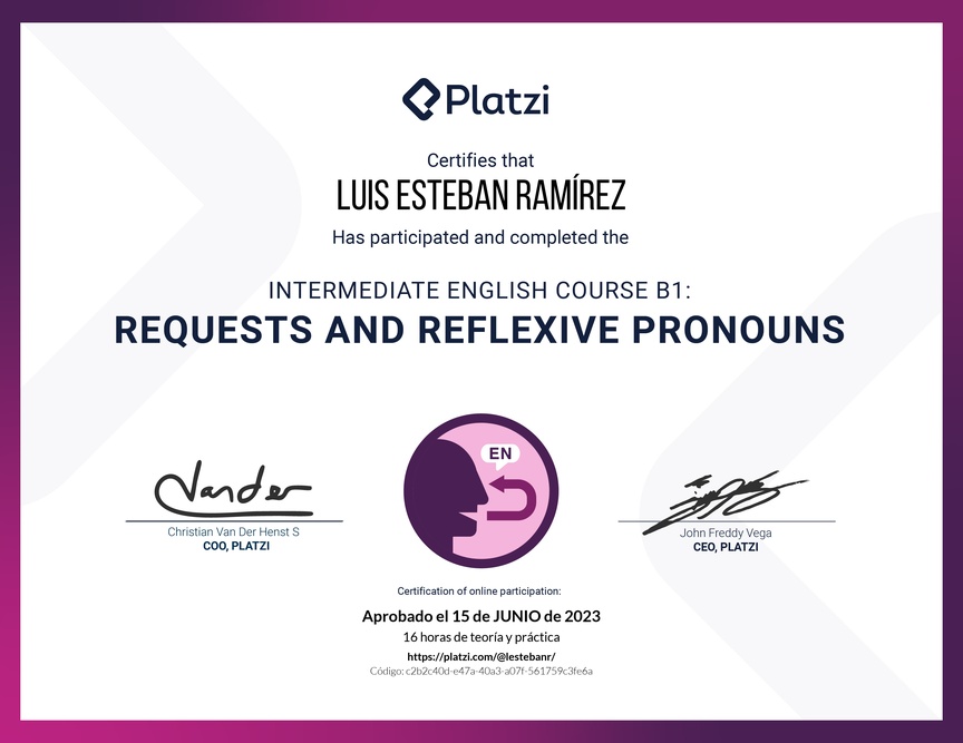 Diploma del Curso de Inglés Intermedio B1: Solicitudes y Pronombres Reflexivos