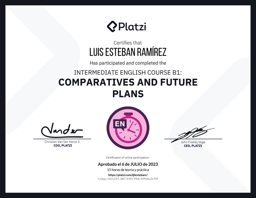 Diploma del Curso de Inglés Intermedio B1: Comparativos y Planes Futuros