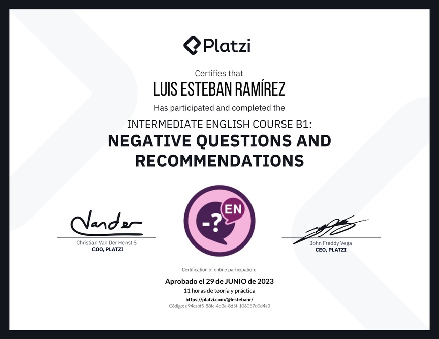 Diploma del Curso de Inglés Intermedio B1: Preguntas Negativas y Recomendaciones