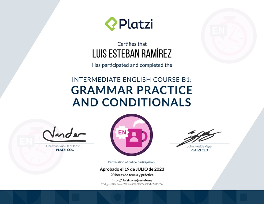 Diploma del Curso de Inglés Intermedio B1: Práctica Gramatical y Condicionales (2021)