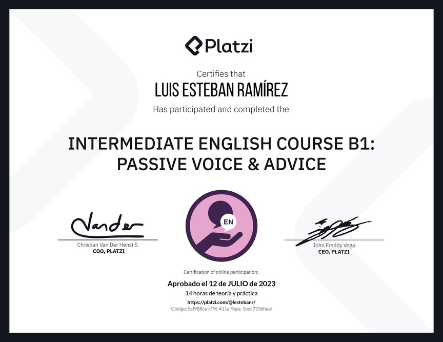 Diploma del Curso de Inglés Intermedio B1: Voz Pasiva y Consejos