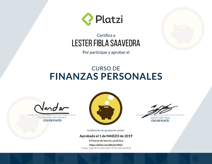 Diploma del Curso de Finanzas Personales 2017