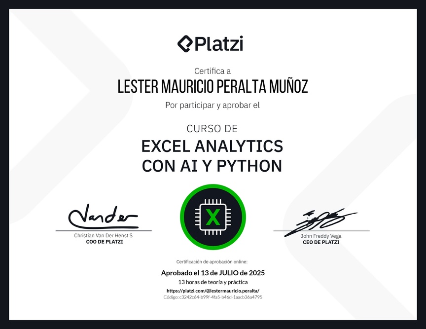 Diploma del Curso de Excel Analytics con AI y Python