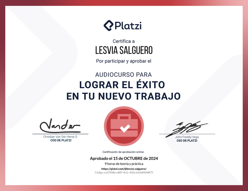 Diploma de Audiocurso para Lograr el Éxito en tu Nuevo Trabajo