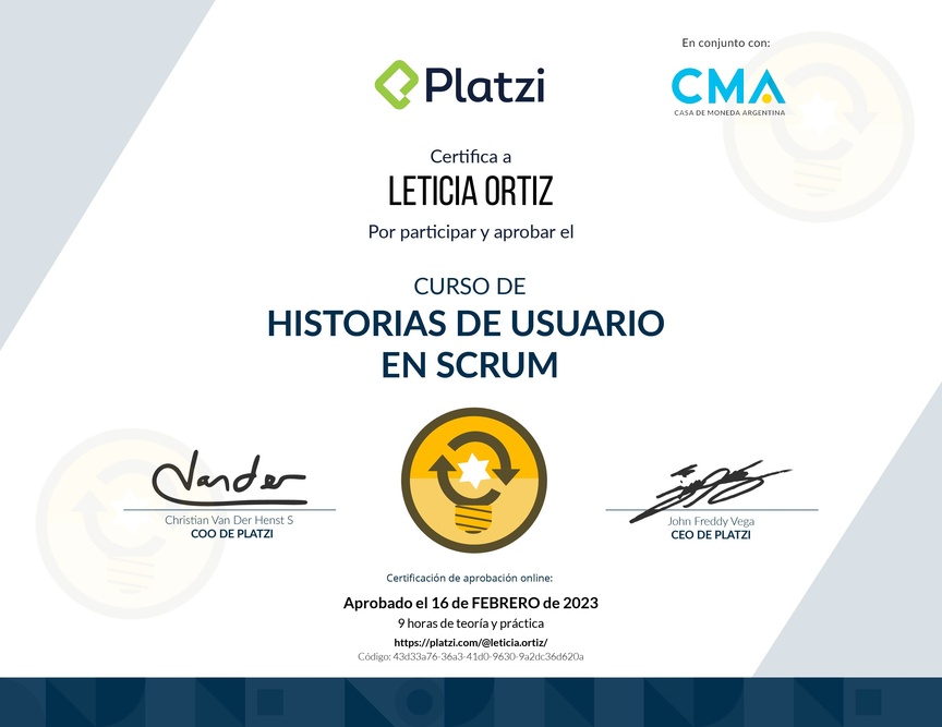 Diploma del Curso de Historias de Usuario en Scrum