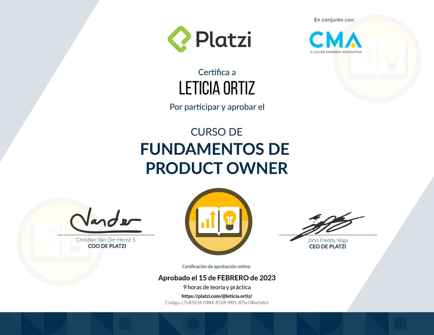 Diploma del Curso de Fundamentos de Product Owner
