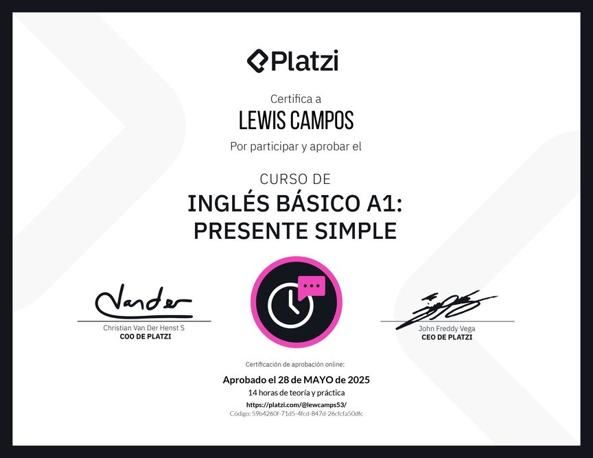 Diploma del Curso de Inglés Básico A1: Presente Simple