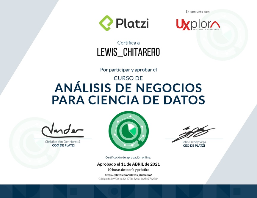 Diploma del Curso de Análisis de Negocios para Ciencia de Datos