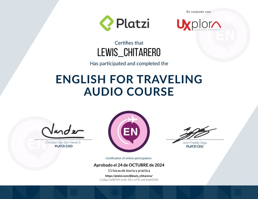 Diploma de Audio Curso de Inglés para Viajes