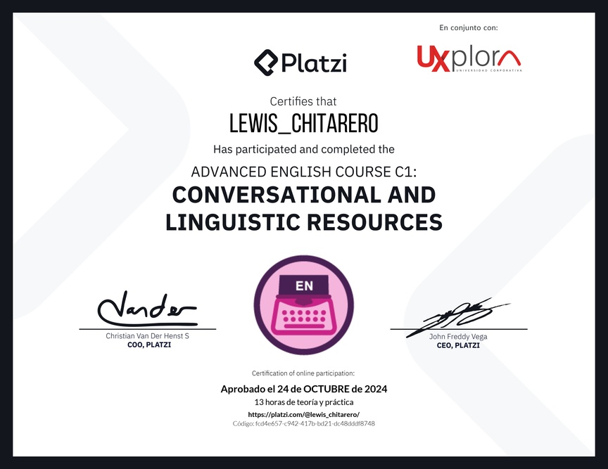 Diploma del Curso de Inglés Avanzado C1: Recursos Conversacionales y Lingüísticos