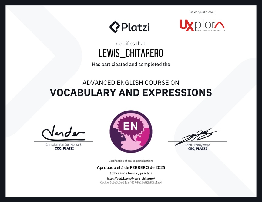Diploma del Curso Avanzado de Vocabulario y Expresiones en Inglés