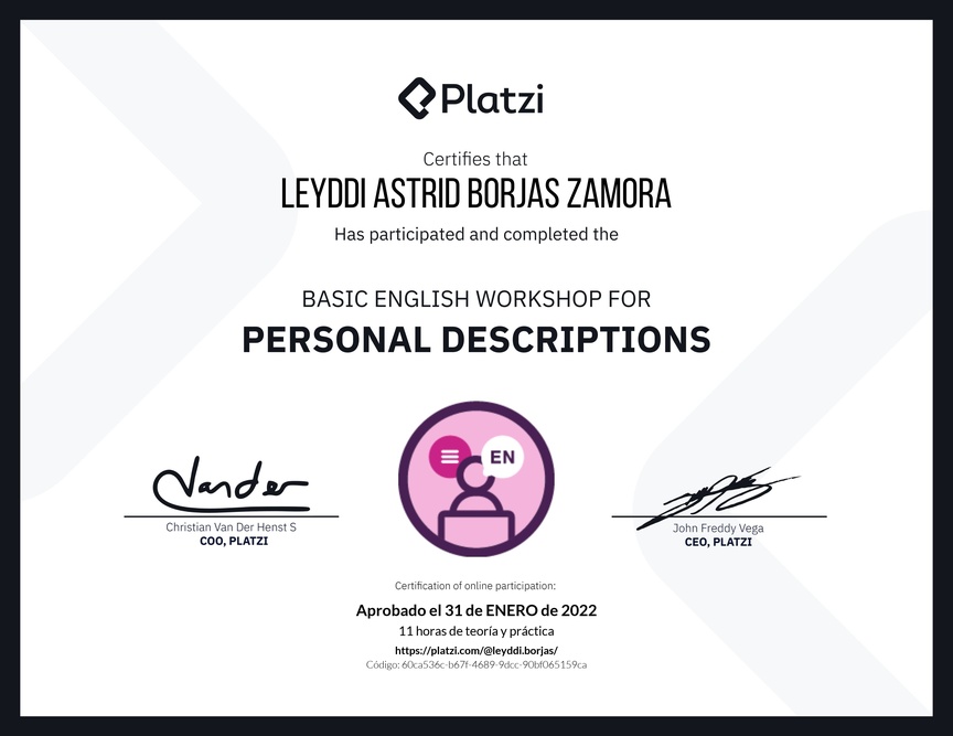 Diploma del Curso de Inglés Práctico para Descripciones Personales (2020=