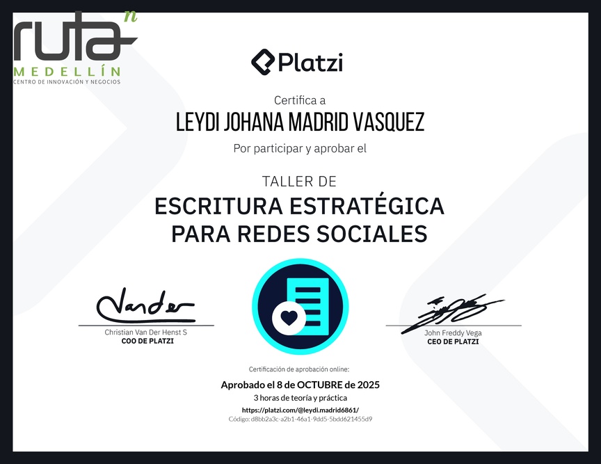 Diploma de Taller de Escritura Estratégica para Redes Sociales