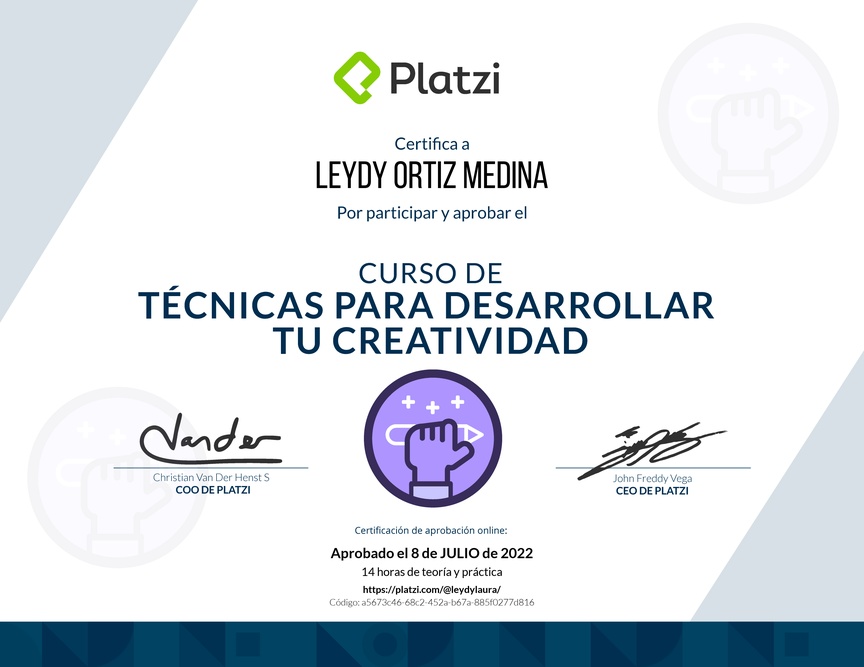 Diploma del Curso para Desarrollar tu Creatividad: Técnicas y Hábitos