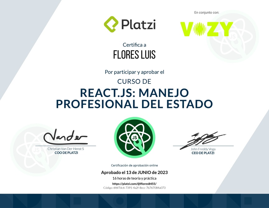 Diploma del Curso de React.js: Manejo Profesional del Estado