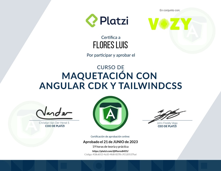 Diploma del Curso de Maquetación con Angular CDK y Tailwind CSS