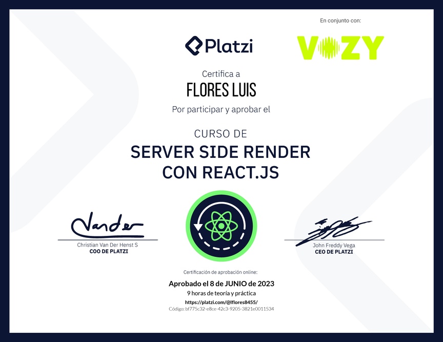 Diploma del Curso de Server Side Render o SSR con React.js
