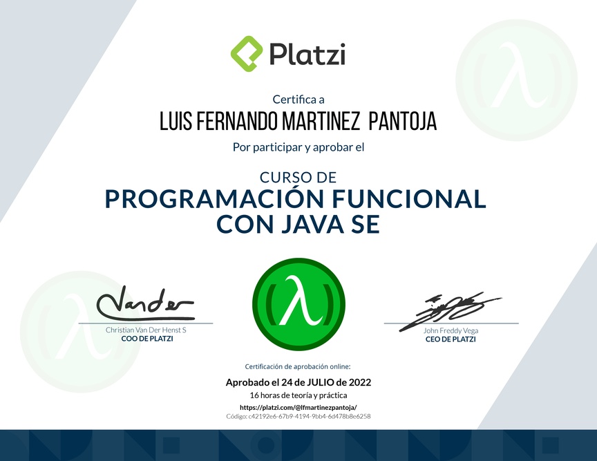 Diploma del Curso de Programación Funcional con Java SE