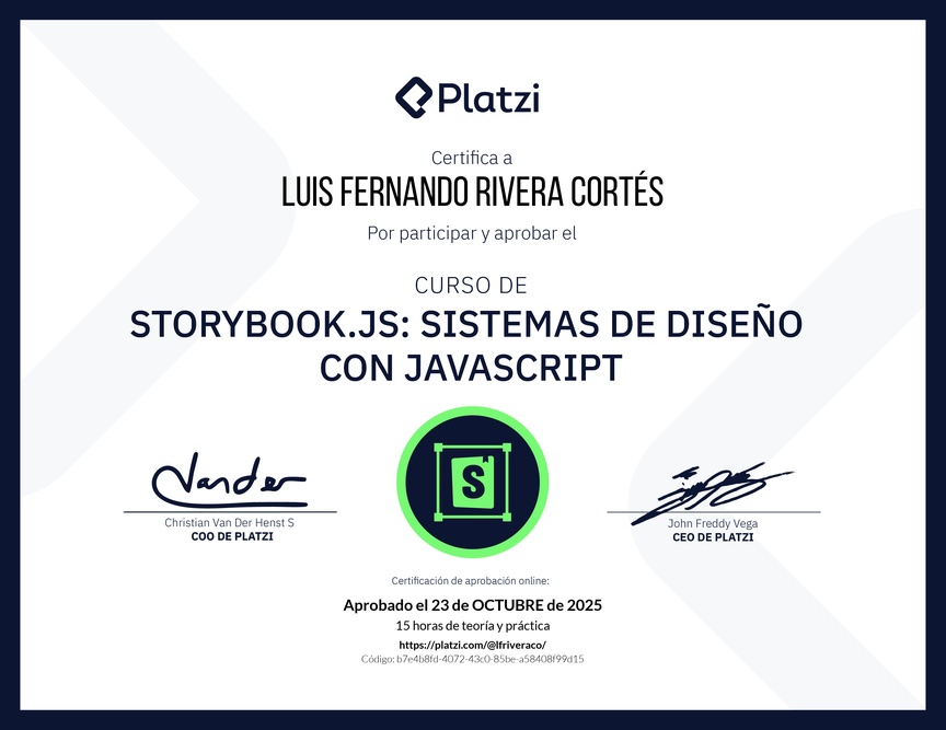 Diploma del Curso de Storybook: Sistemas de Diseño con JavaScript